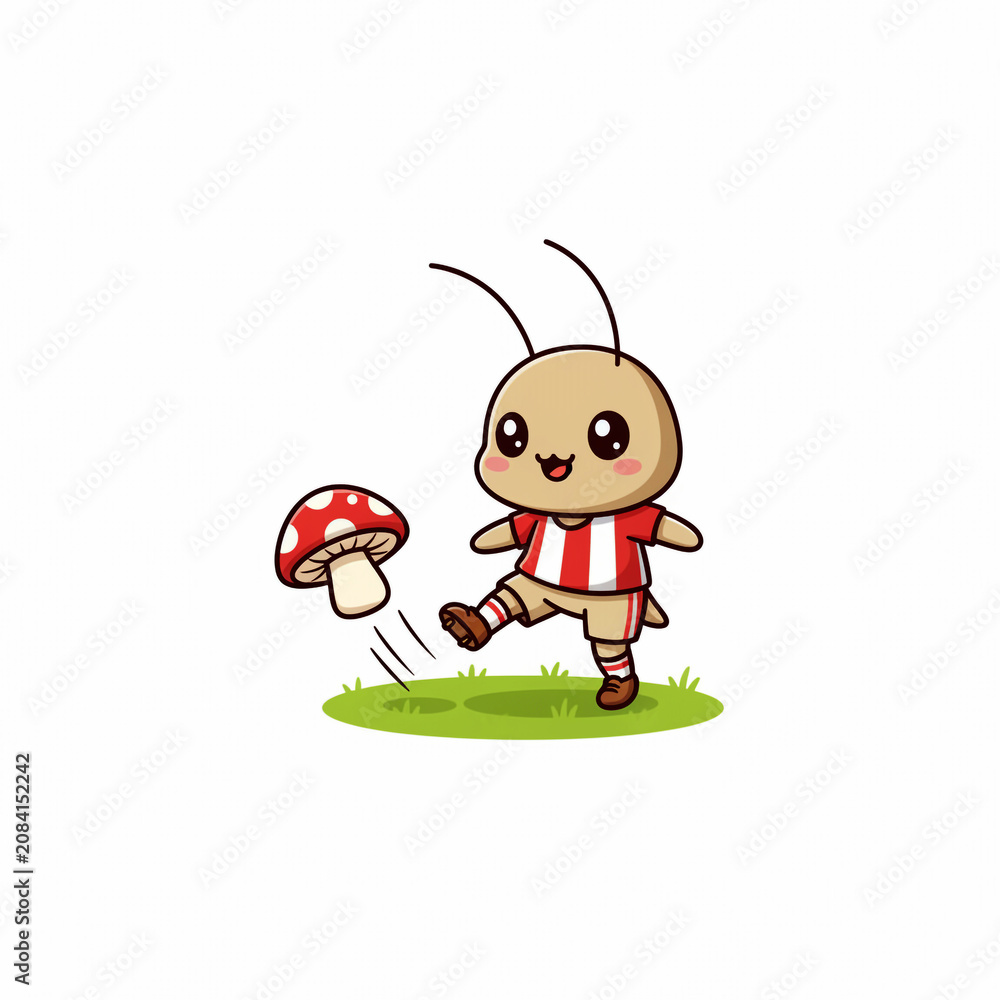Obraz premium Cute Cartoon Cricket Playing Football with a Red Mushroom Ball
