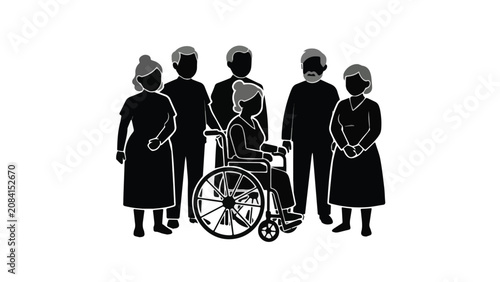diverse group of adults and a person in wheelchair engaging in conversation in a modern indoor setting