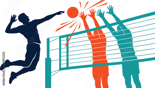 Tableau sur toile Volleyball Spike and Double Block Action Illustration with Attacker Jumping Agai