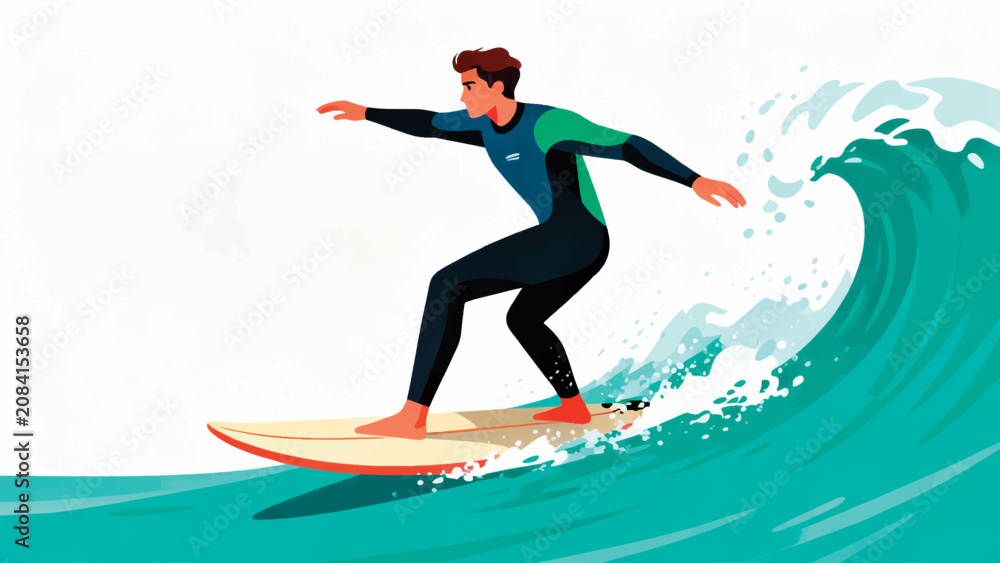 Obraz premium Flat illustration of a man surfing on a ocean wave