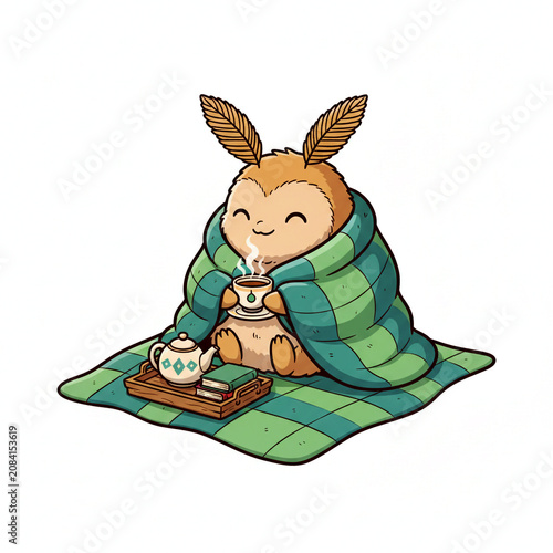 Adorable fluffy moth character wrapped in a cozy green checkered blanket holding a warm steaming cup of tea with a small wooden tray featuring a teapot and books in this cute illustration
