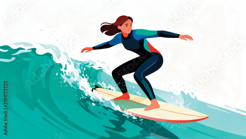 Flat illustration of a man surfing on a ocean wave