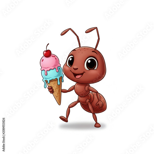 Cute brown cartoon ant smiling while holding a delicious double scoop ice cream cone with a bright red cherry on top in this vibrant and playful digital illustration against a clean white background.