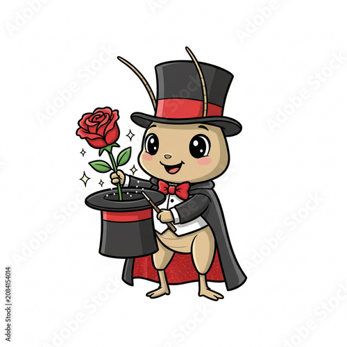 Adorable cartoon grasshopper magician wearing a fancy black top hat and red bowtie while pulling a beautiful blooming red rose out of his hat with a magical wand on a clean white background.