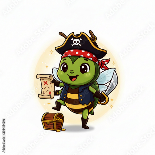 Adorable green cartoon bee dressed as a brave little pirate wearing a skull hat and holding a treasure map with a sharp sword while standing near a gold chest in this cute illustration
