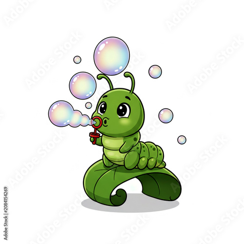 Cute Cartoon Green Caterpillar Blowing Bubbles