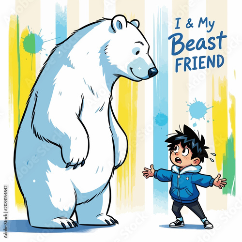 Boy meeting friendly polar bear cartoon illustration