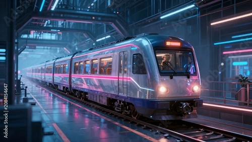 Futuristic High-Speed Train at a Cyberpunk Railway Station with Neon Lights