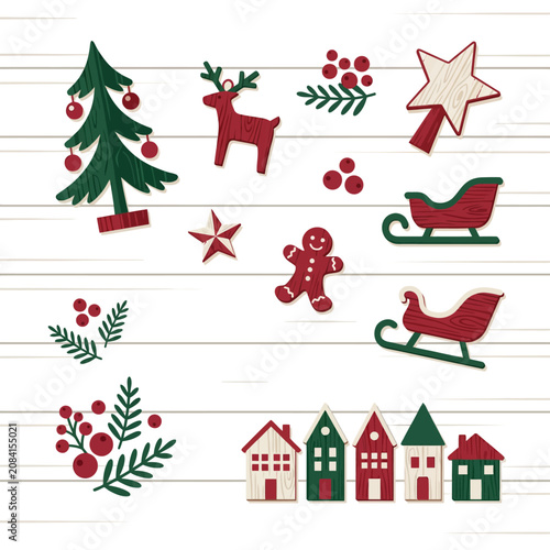 Rustic wooden Christmas ornaments on a white plank background