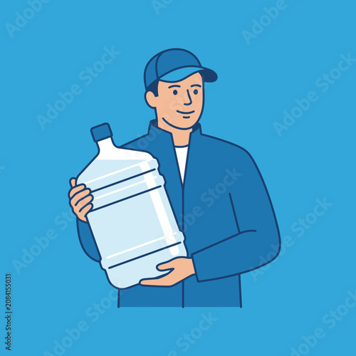 Friendly delivery man holding a large plastic water bottle