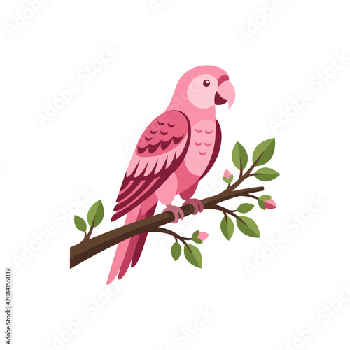 Cute pink parrot perched on a branch with green leaves
