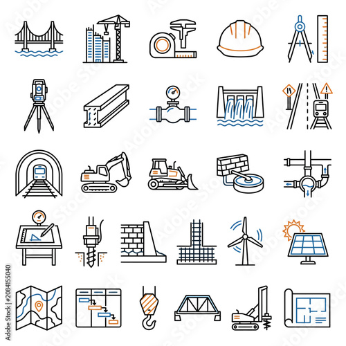 A collection of civil engineering and construction line icons