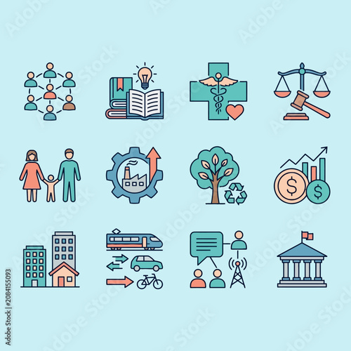 A set of colorful flat icons for various business concepts