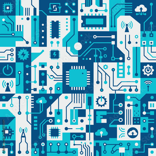 Abstract blue and white electronic circuit board pattern