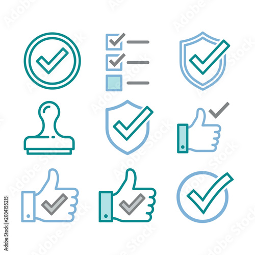 Set of blue and teal approval icons on a white background