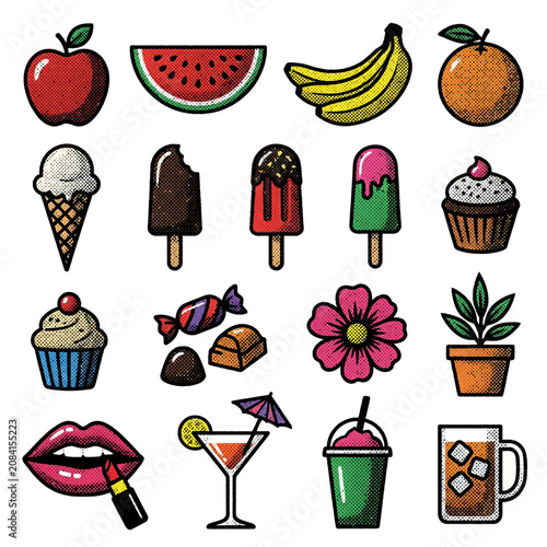 A collection of retro pop art stickers on a white background