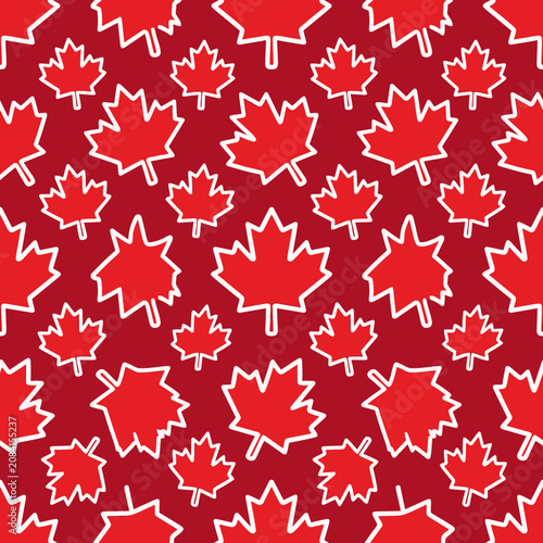 Seamless pattern of red maple leaves with white outlines
