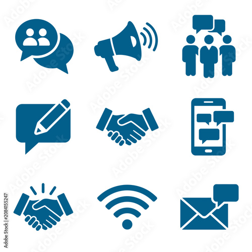 Blue communication and business icons set on white background