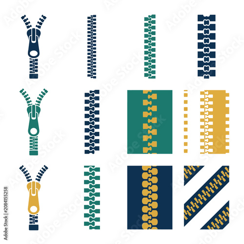 A collection of colorful zipper icons and sewing vector elements