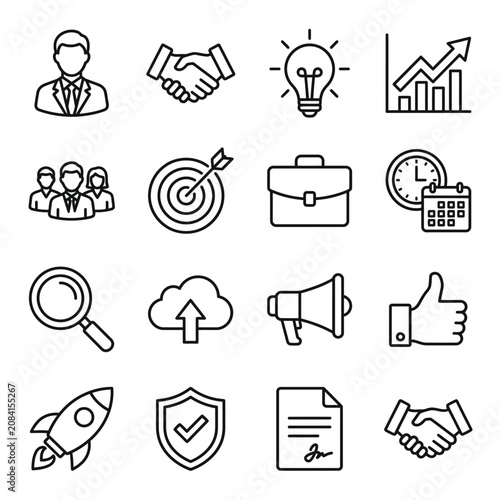 Set of business and startup line icons on a white background