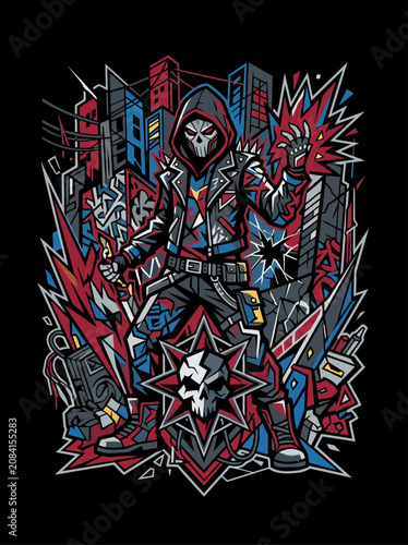 Tablou pe pânză Vibrant illustration of a masked character in a dynamic city setting