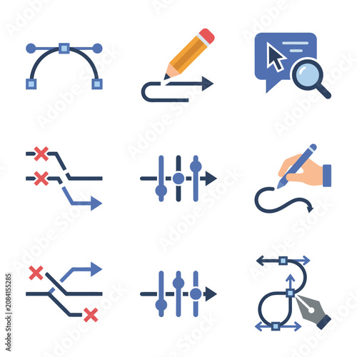Flat vector icons representing graphic design tools and path editing