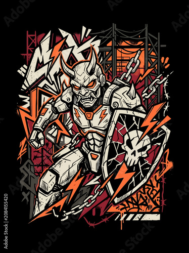 Aggressive armored figure with horns and a skull shield