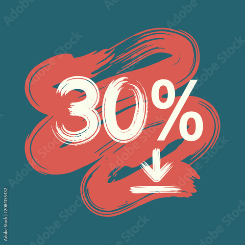 A thirty percent discount sign with a down arrow on teal