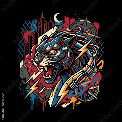 Aggressive cybernetic panther illustration in a vibrant urban setting