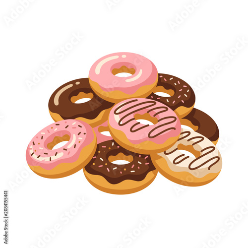 A pile of sweet glazed donuts with chocolate and pink frosting