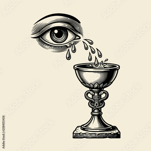 Mystical engraving of an eye crying tears into a holy goblet