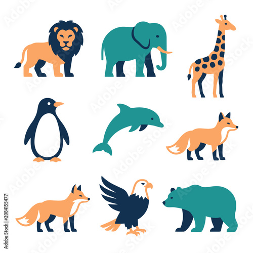 Minimalist vector icons of wild animals on a white background