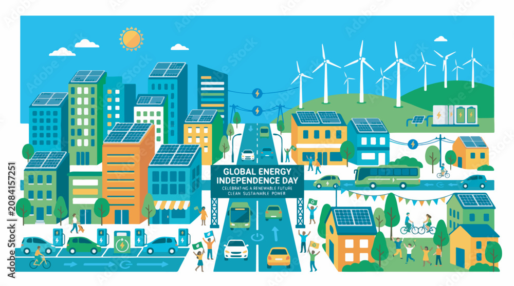 Obraz premium An illustration of a modern, sustainable city and rural landscape powered by renewable energy sources like solar panels and wind turbines, promoting clean energy and a green future.