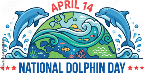 National Dolphin Day marine conservation layout with two jumping dolphins over the globe graphic