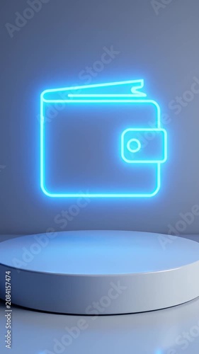 Glowing neon blue wallet icon on pedestal.
