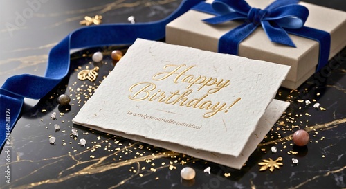 Luxurious artwork showing birthday card with gold lettering, gemstones, charms, marble surface, and beige gift box tied with ribbon