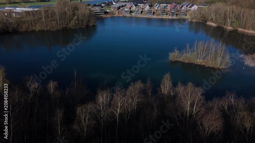Aerial view of lake and lakeside homes