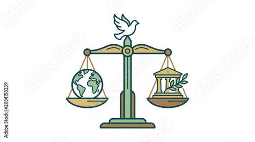 Scales of justice balancing the Earth and a courthouse building with dove.