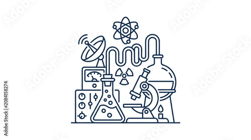 Scientific research equipment and symbols illustration.