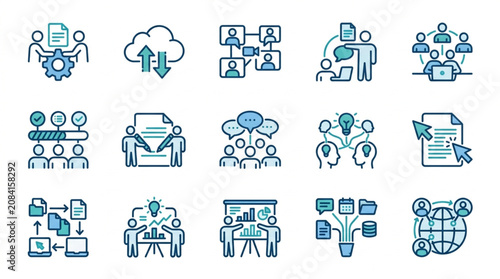 Set of business and technology icons representing teamwork and data.