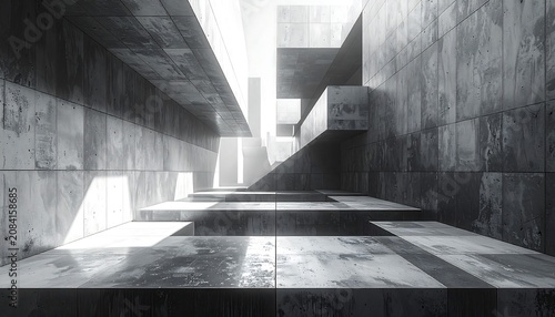 A grayscale, geometric perspective of a modern concrete corridor. Light streams from above, creating shadows and highlighting textured surfaces