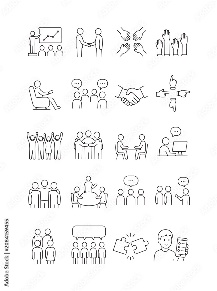 Obraz premium Collection of thin line icons representing business people working in teams communicating and achieving goals during meetings presentation and collaboration.