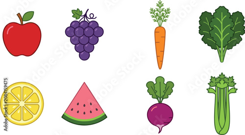 Canvastavla Healthy Fruits and Vegetables Icon Collection with Fresh Apple, Grapes, Lemon, W