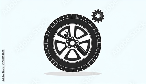 A grayscale icon depicts a car wheel and tire with tools, symbolizing auto repair and mechanical work on a soft blue background