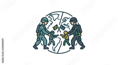 Soldiers escorting children across a divided world map illustration.