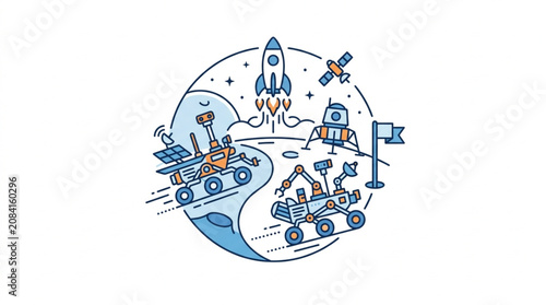 Space exploration scene with rockets and rovers.