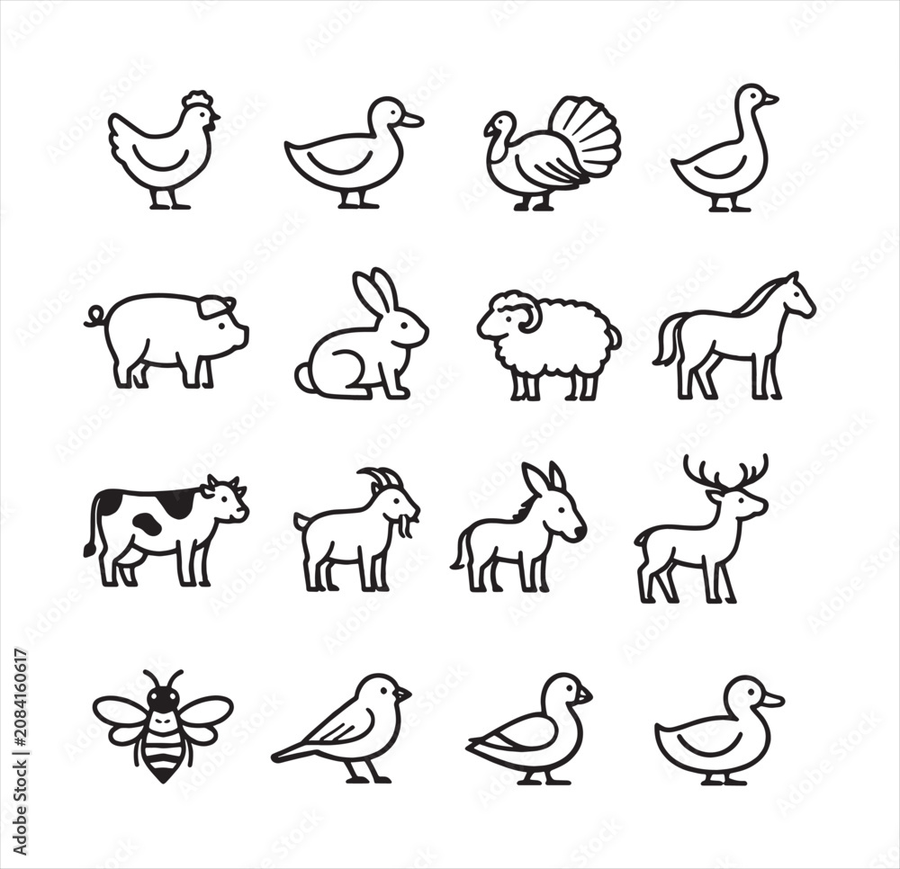 Obraz premium Set of black outline icons featuring various farm animals and birds, domestic livestock and poultry for agricultural designs.