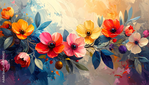 vibrant floral garland with diverse colorful flowers and leaves, painterly texture, cheerful spring celebration background