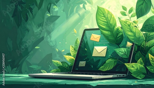 A laptop screen displays emails, integrated with lush, vibrant green foliage and natural light