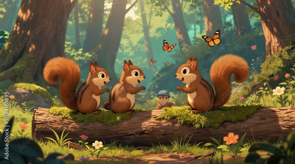 Fototapeta premium Three cartoon squirrels interact on forest log while butterflies fly around. Small furry rodents gather near green grass and colorful wildflowers. Another creature watches from behind trees.